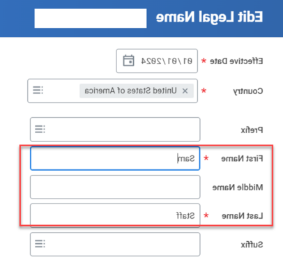 myURHR Edit Legal Name screenshot with the fields First Name, Middle Name, and Last Name highlighted.